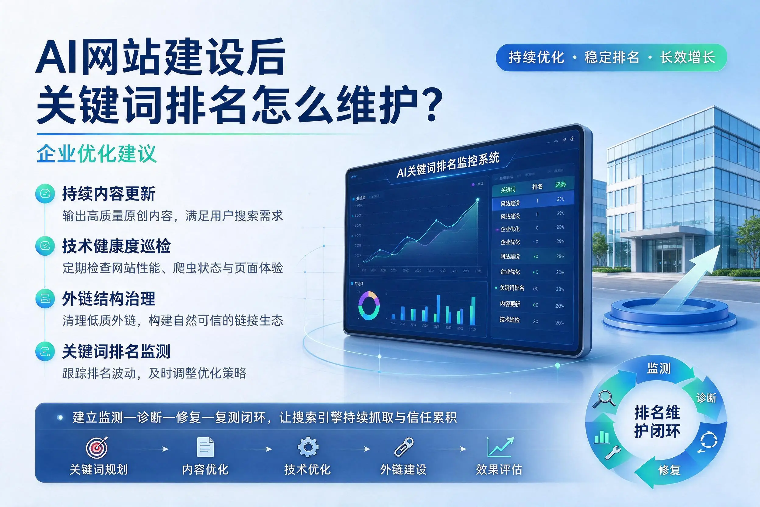 AI网站建设后关键词排名怎么维护?喀什企业优化建议